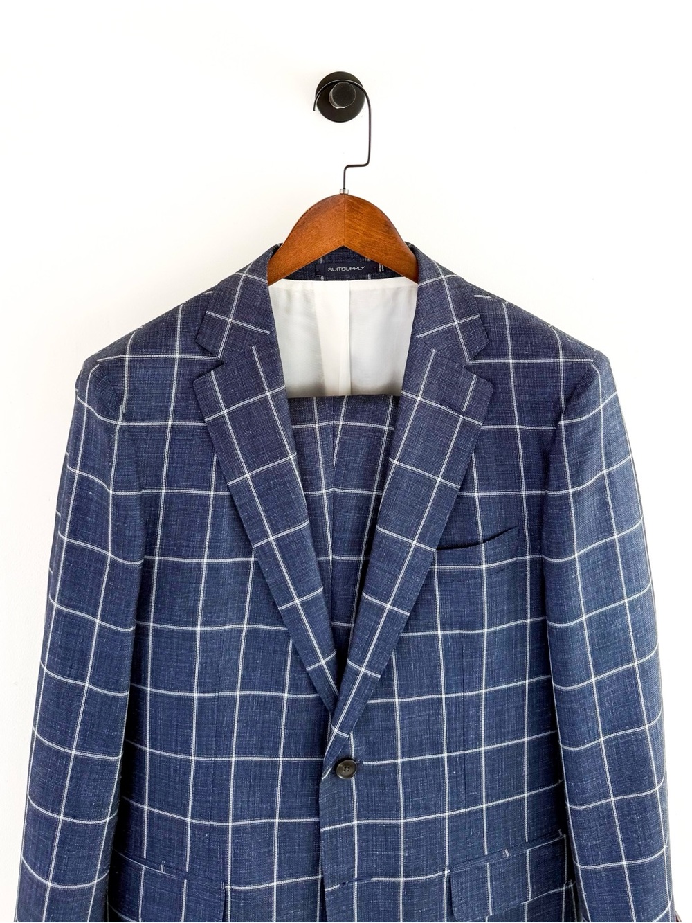 NEW Suitsupply Sienna Men's Blue Windowpane Suit Silk Wool Linen Blue White 40R